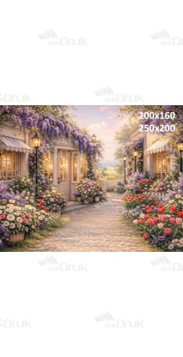 Tło fotograficzne „Romantyczna kwiatowa uliczka z kamienną ścieżką” | E851